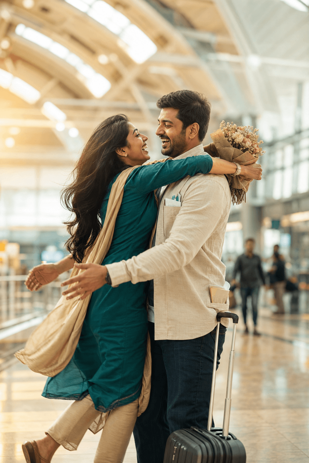 Emotional airport reunion of spouses after family visa approval, warm embrace with flowers and luggage