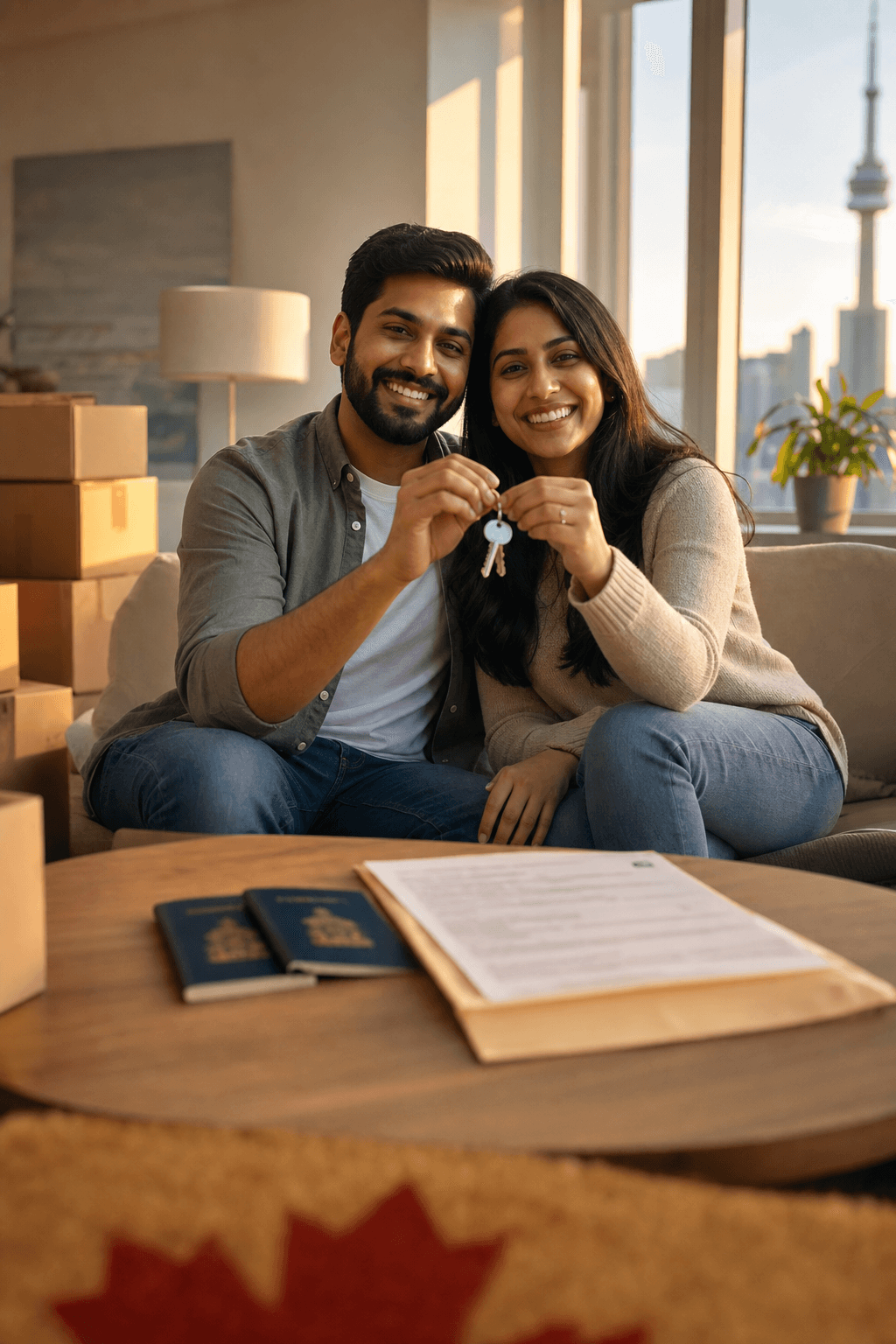 Couple celebrating permanent residency with new home keys, passports, and Toronto skyline from their apartment