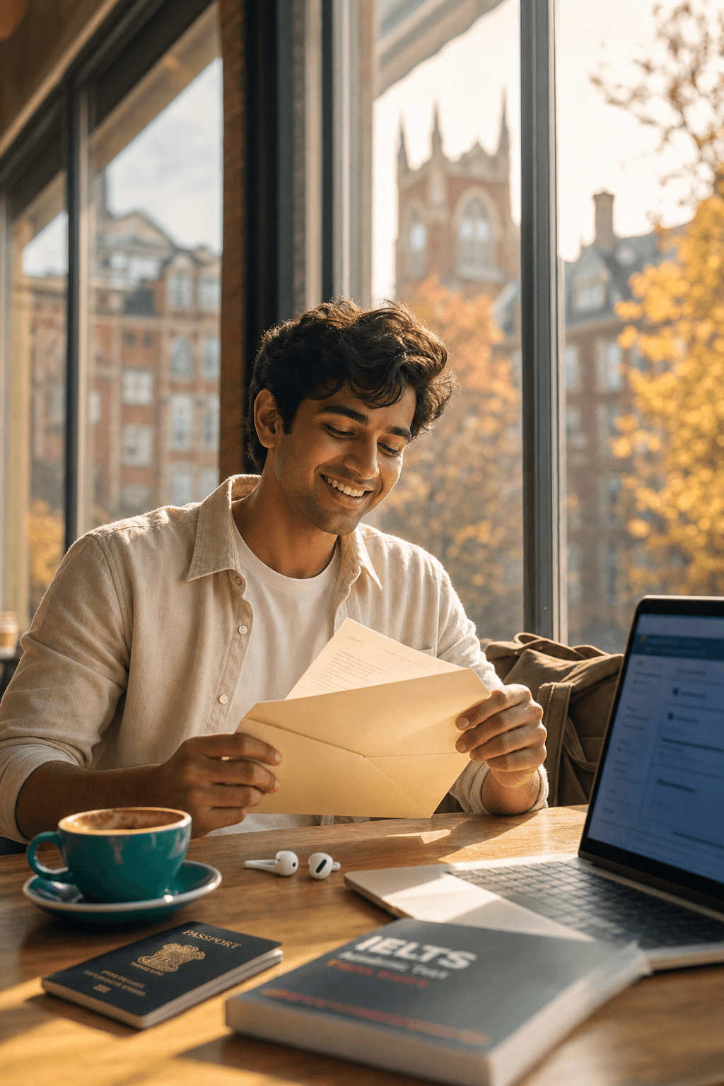Young student celebrating a study visa acceptance letter with passport and IELTS materials, university campus visible through the window