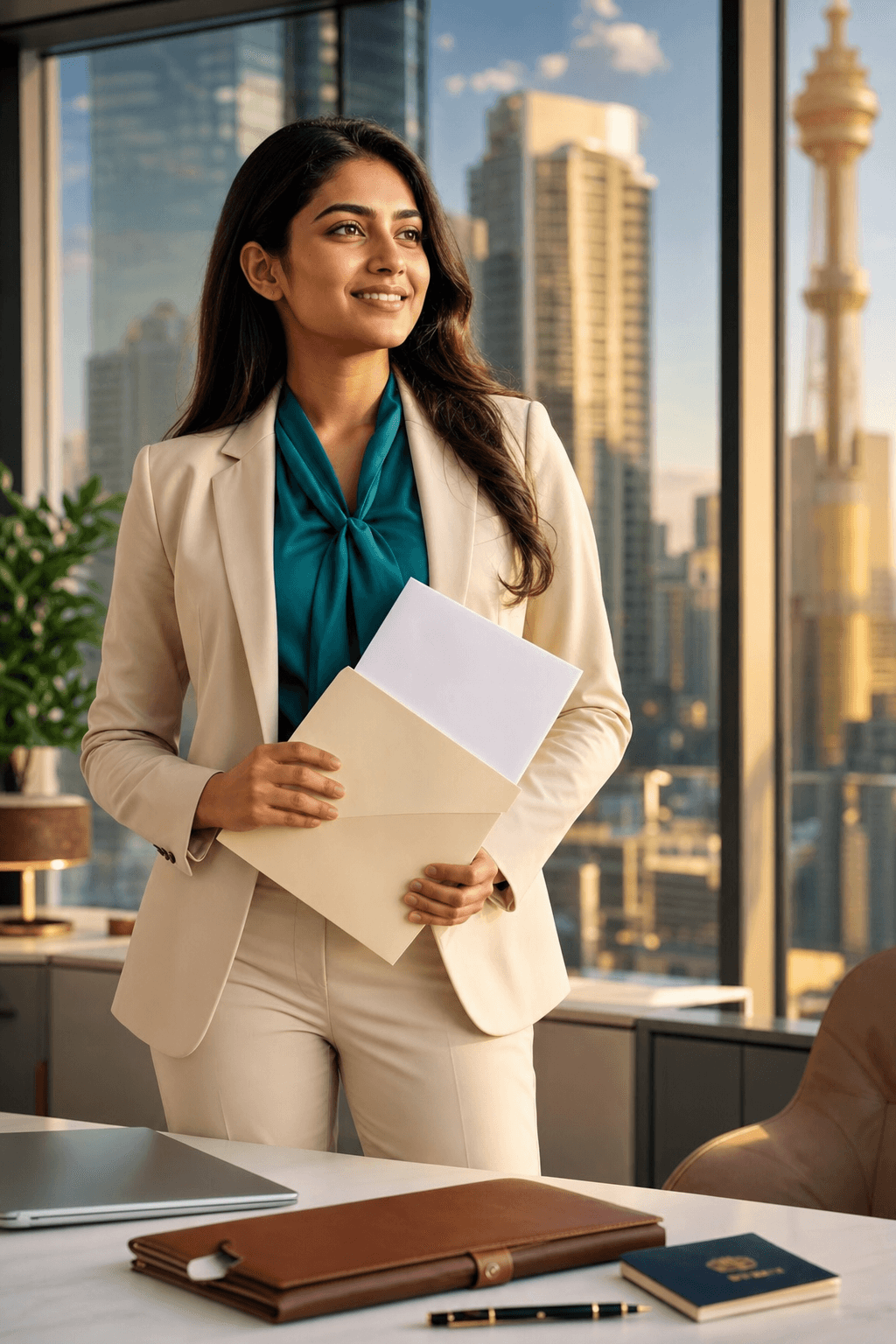 Professional celebrating a work visa and job offer in a modern office with city skyline and passport on desk