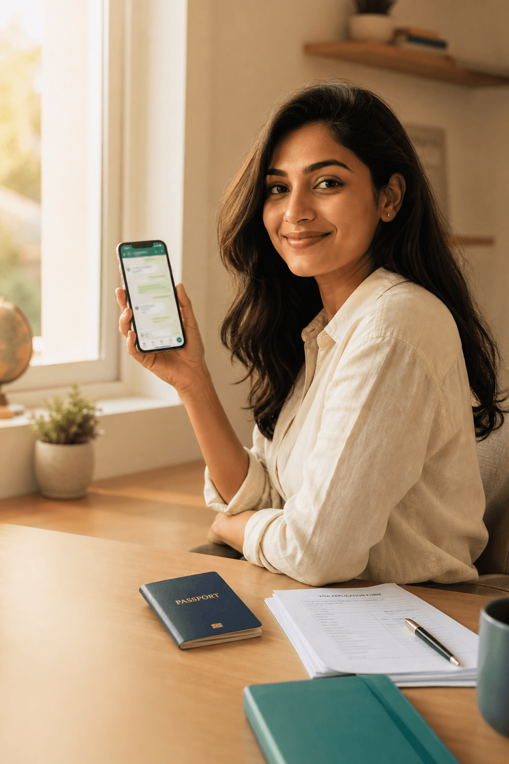 Immigration consultant reviewing visa documents and sharing guidance via WhatsApp in a warm, private setting